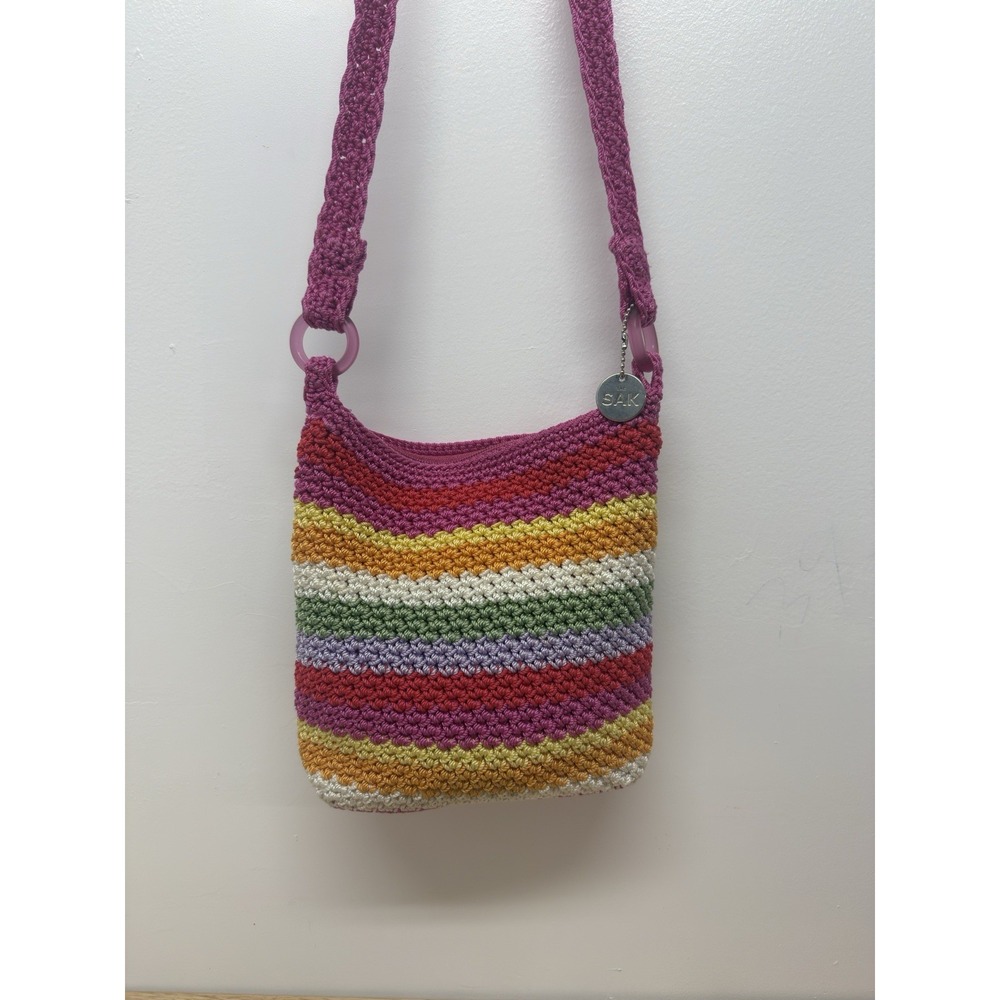 The SAK Original Pink Multicolor Striped Zippered Crochet Handbag Crossbody #50 - Picture 3 of 11